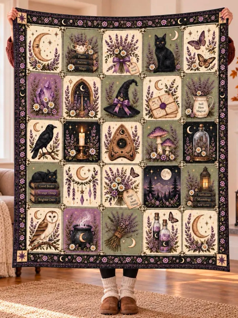 Lavender & Black Witchy Patchwork Throw with Cream Accents